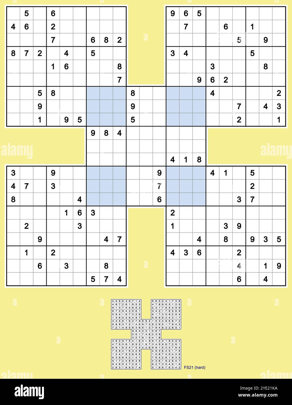 Samurai Sudoku, fünf überlappende Sudoku-Rätsel. Rotationssymmetrie 180°, 106 Hinweise. Hart. MK II. Vektor. Stock Vektor