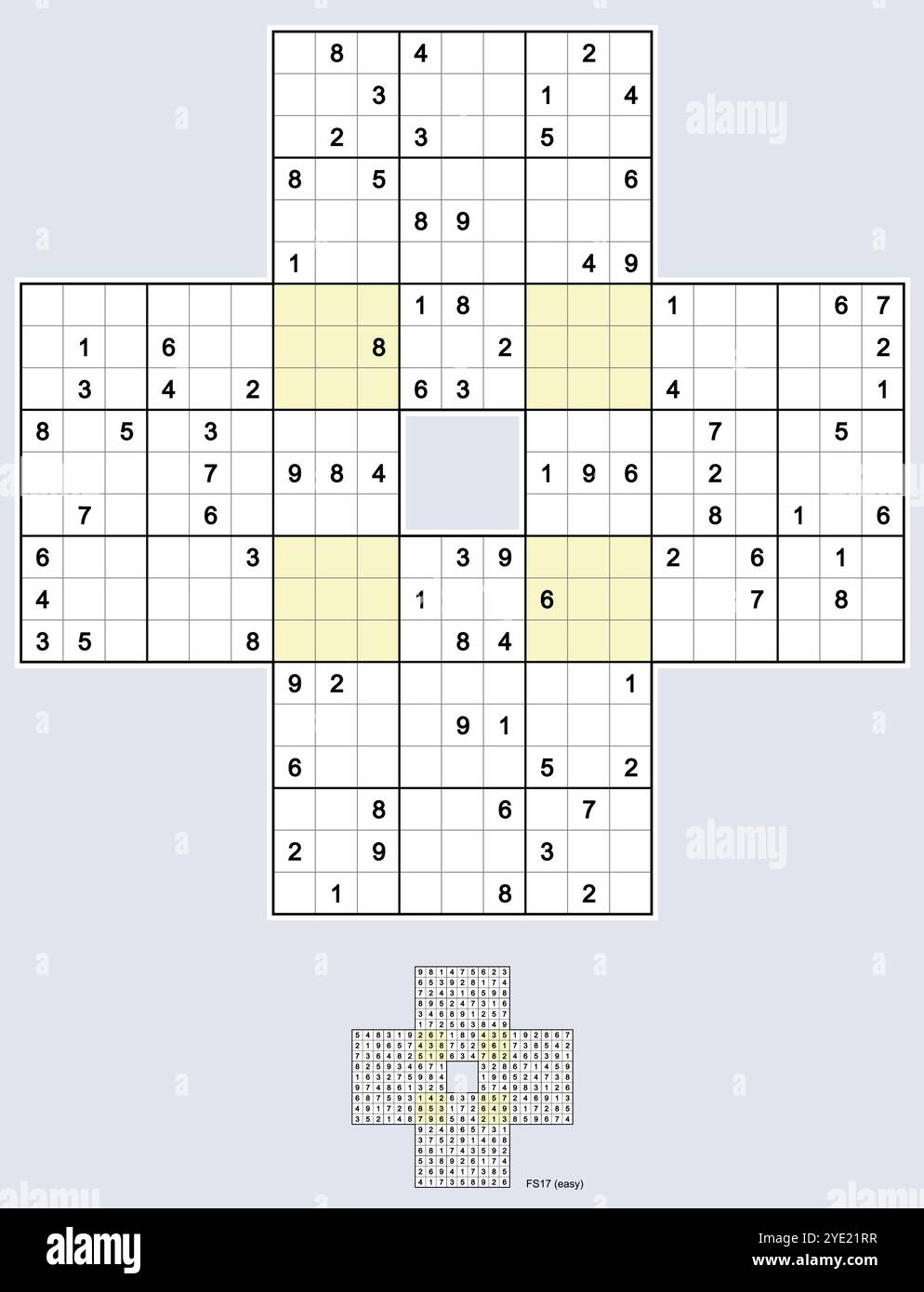 Sohei Sudoku, vier überlappende Sudoku-Rätsel. Rotationssymmetrie 180°, 86 Hinweise. Einfach. MK II. Vektor. Stock Vektor