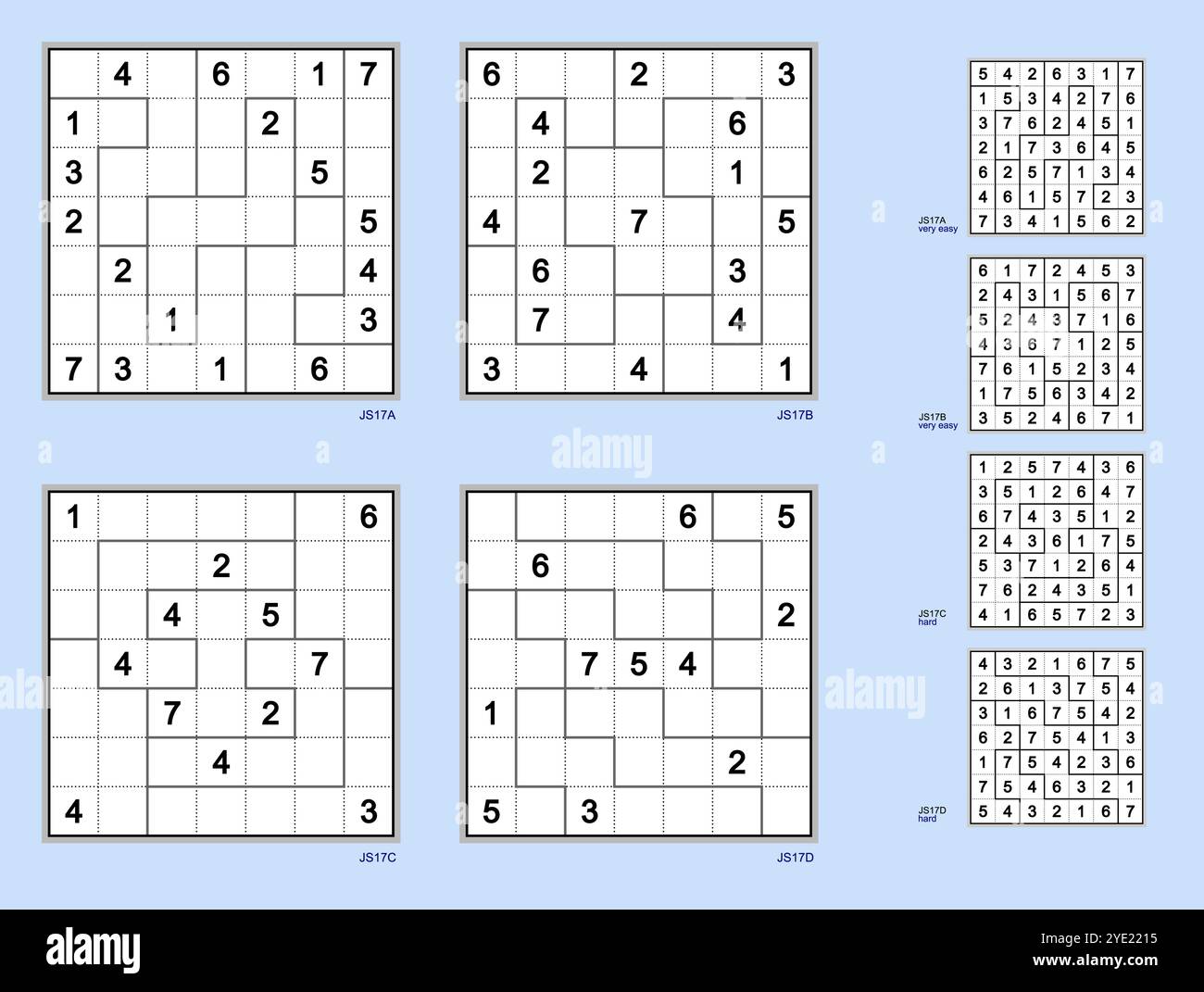 7x7 Stichsäge Sudoku Vektorsatz. 18, 17, 12, 11 Hinweise. Sehr einfach (2), hart (2). Rotationssymmetrie, Axial, voll, Rotationssymmetrie. MK II Stock Vektor