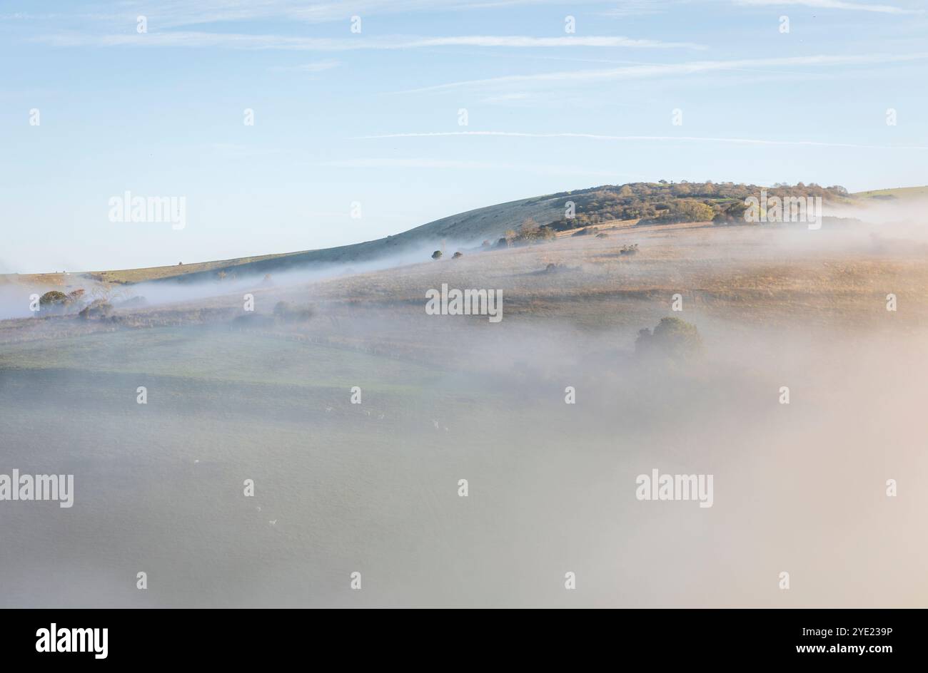 Der Kamm des wilmington Hill im Süden führt nach Osten Sussex, der bei Sonnenaufgang im Südosten Englands aus dem Morgennebel und Nebel auftaucht Stockfoto