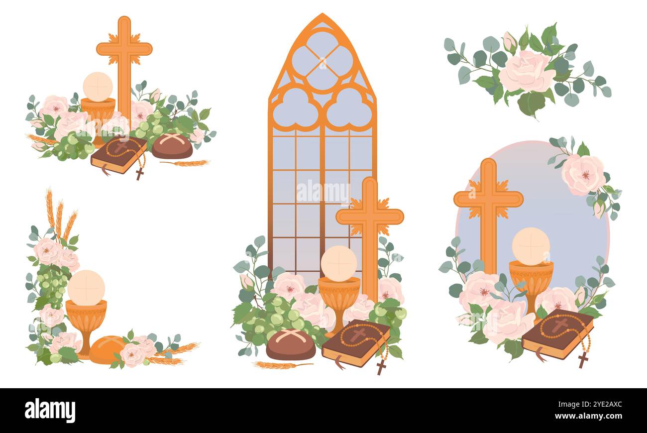 Set Clipart für die erste Kommunion. Vektorkompositionen mit kirchlichen Attributen. Goldener Becher Gral, Kirchenbrot, Wein, Bibel, Rosenkranz, Kruzifix, flo Stock Vektor