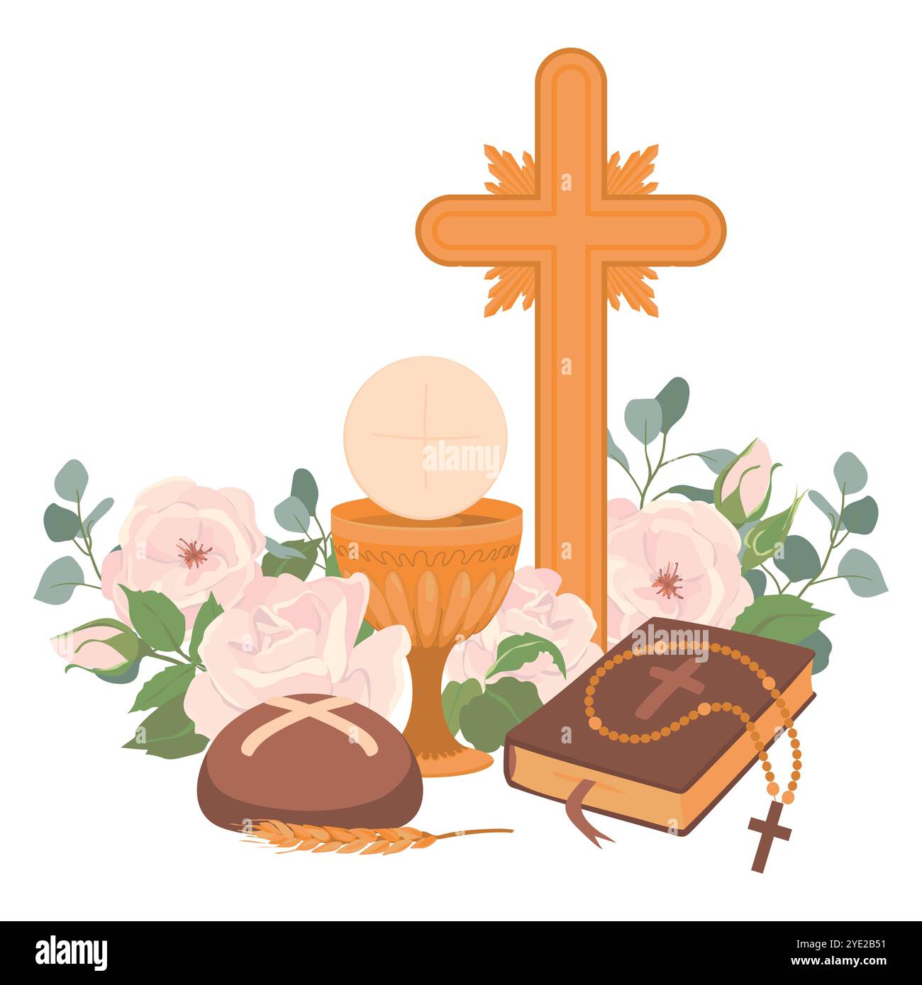 Symbole der ersten Kommunion. Vektor. Goldener Weinbecher, Gral, Brot, Bibel, Rosenkranz, Wein, weiße Rosen und Kruzifix. Festlich geschmückter Altar. Symbol Stock Vektor