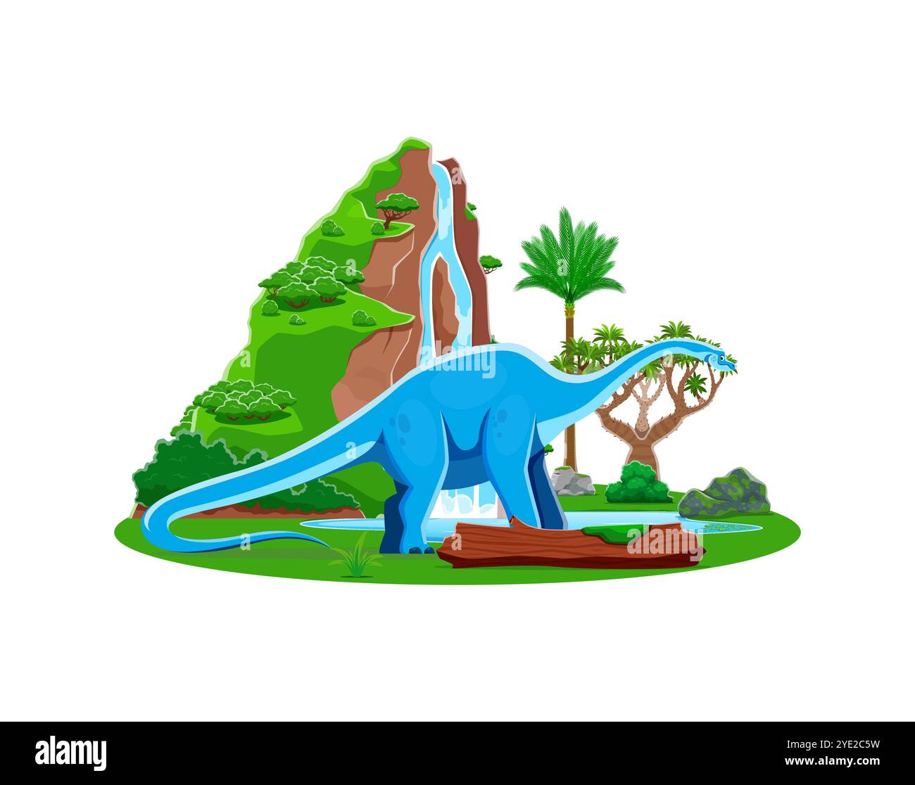 Haplocanthosaurus prähistorischer Dinosauriercharakter. Isolierter Karikaturvektor große alte herbivore Reptil Dino Tier in natürliche Oase mit Wasserfall und und grünen Pflanzen. Eidechse aus der Spätkreidezeit Stock Vektor