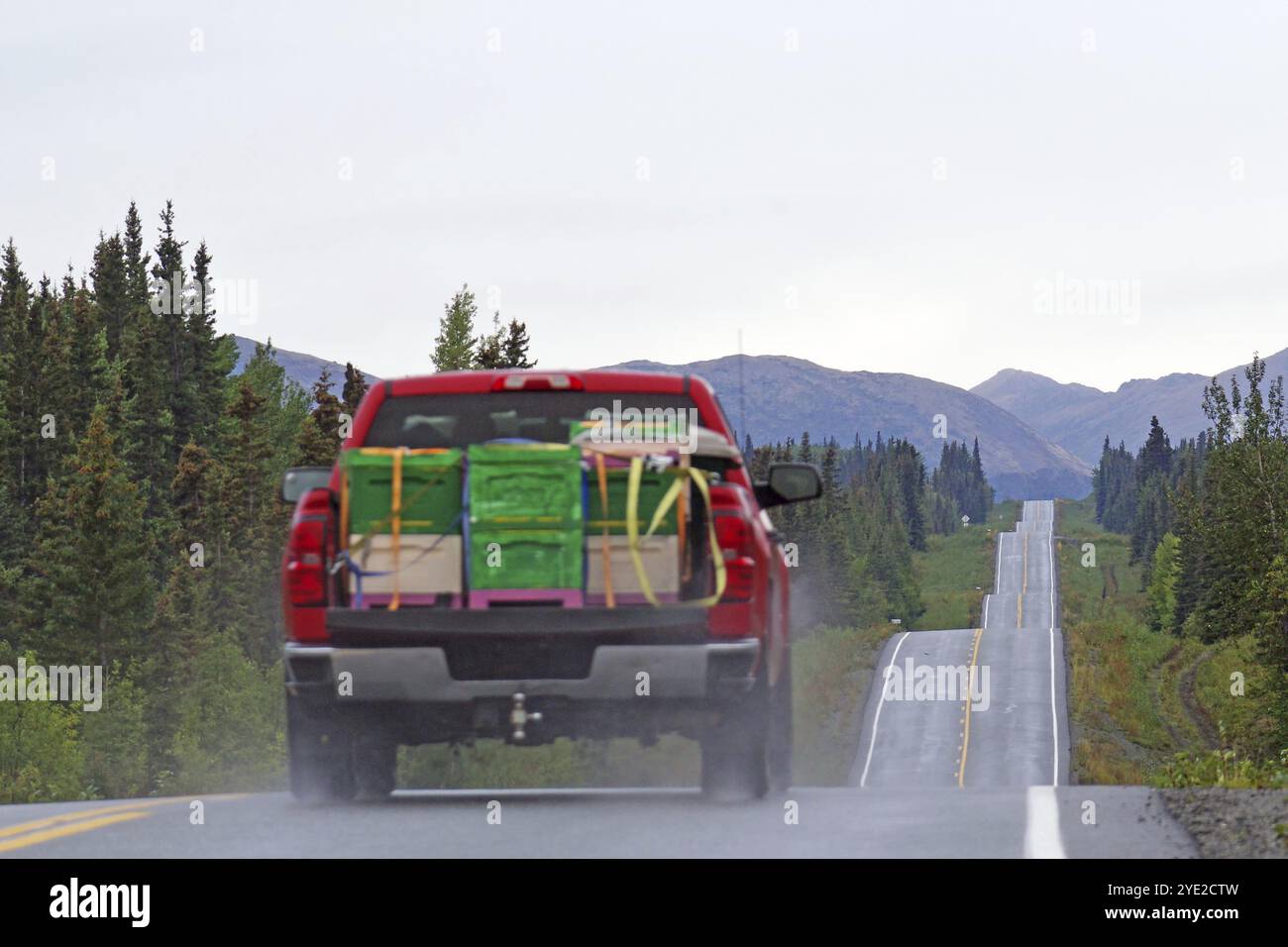 Ein roter Lkw mit sperrigen Gütern fährt auf einer geraden Straße, die von Wäldern und Bergen gesäumt ist, entlang des Richardson Highway, Alaska, USA, Nordamerika Stockfoto