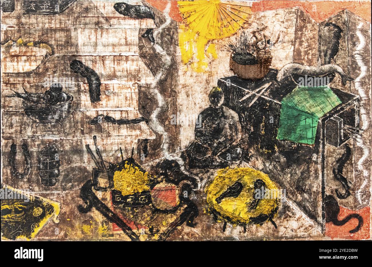 Chinesisches Stillleben mit Buddha, 1985, gemischte Medien auf Leinwand, Ausstellung Miquel Barcelo, Vida y Muerte, Museum Kueppersmuehle, Duisburg, Deutschland – Edito Stockfoto