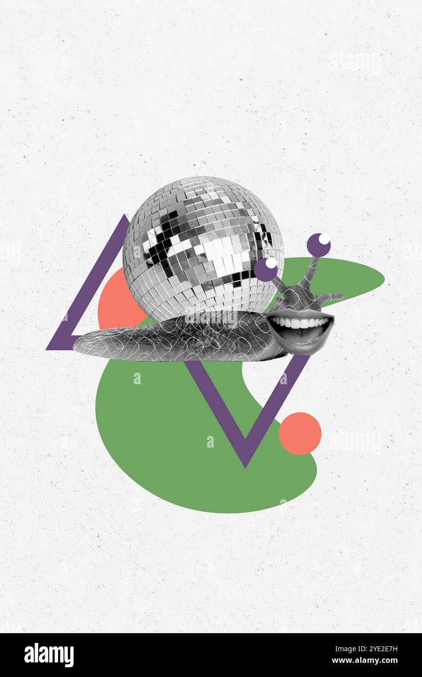 Vertikale Retro abstrakte kreative Kunstwerk Vorlage Collage der lustigen Schnecke mit Disco Ball Haus isolierte Malerei Hintergrund Stockfoto