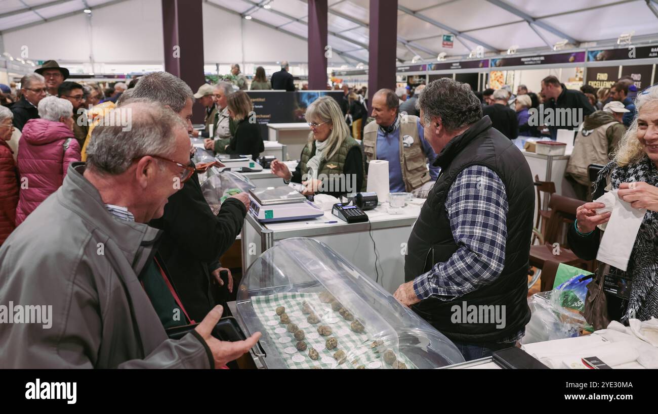 Beim Alba Truffle Festival in Italien treffen die Teilnehmer mit Händlern zusammen, die gerne Informationen über verschiedene Trüffelsorten austauschen möchten. Stockfoto