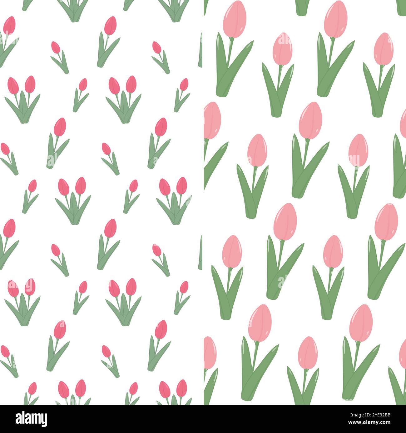 Nahtloses Tulpenmuster in trendigem, weichem Pink. Set aus 2 Federhintergründen oder Hintergrundstrukturen. Isolierte Vektor-Illustration Wrapping, Hintergrundbild oder Web, Banner, Grußworte oder Einladungshintergrund Stock Vektor