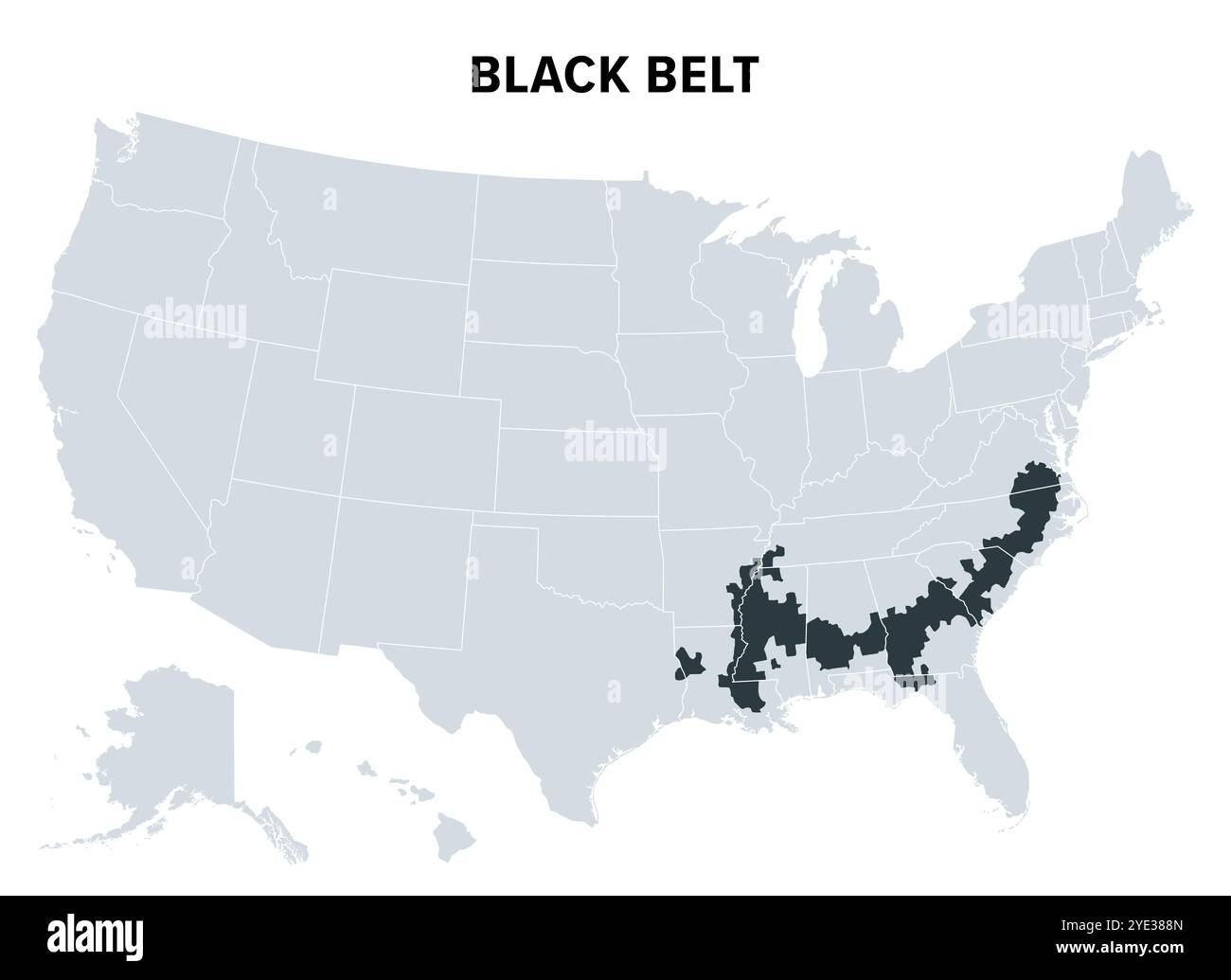 Black Belt im amerikanischen Süden, politische Karte. Das Gebiet wird wegen des hohen Anteils von Afroamerikanern genannt. Stockfoto