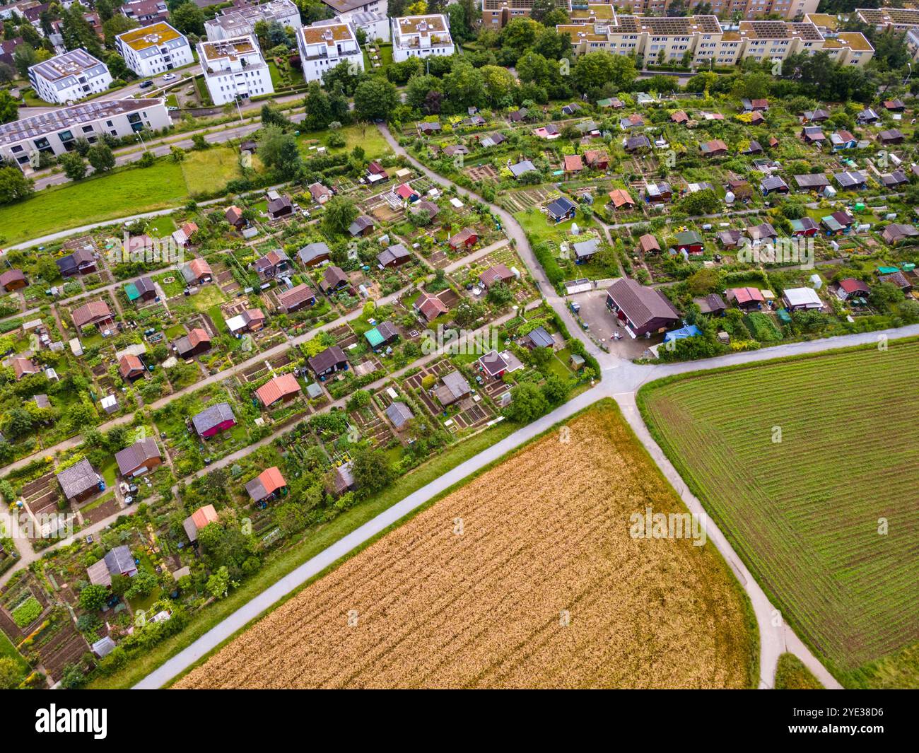 Gemeinschaftsgarten mit farbenfrohen Gartenhausdächern vor mehreren Speicherhäusern der Stadt und zwischen Stadt und Ackerland Stockfoto