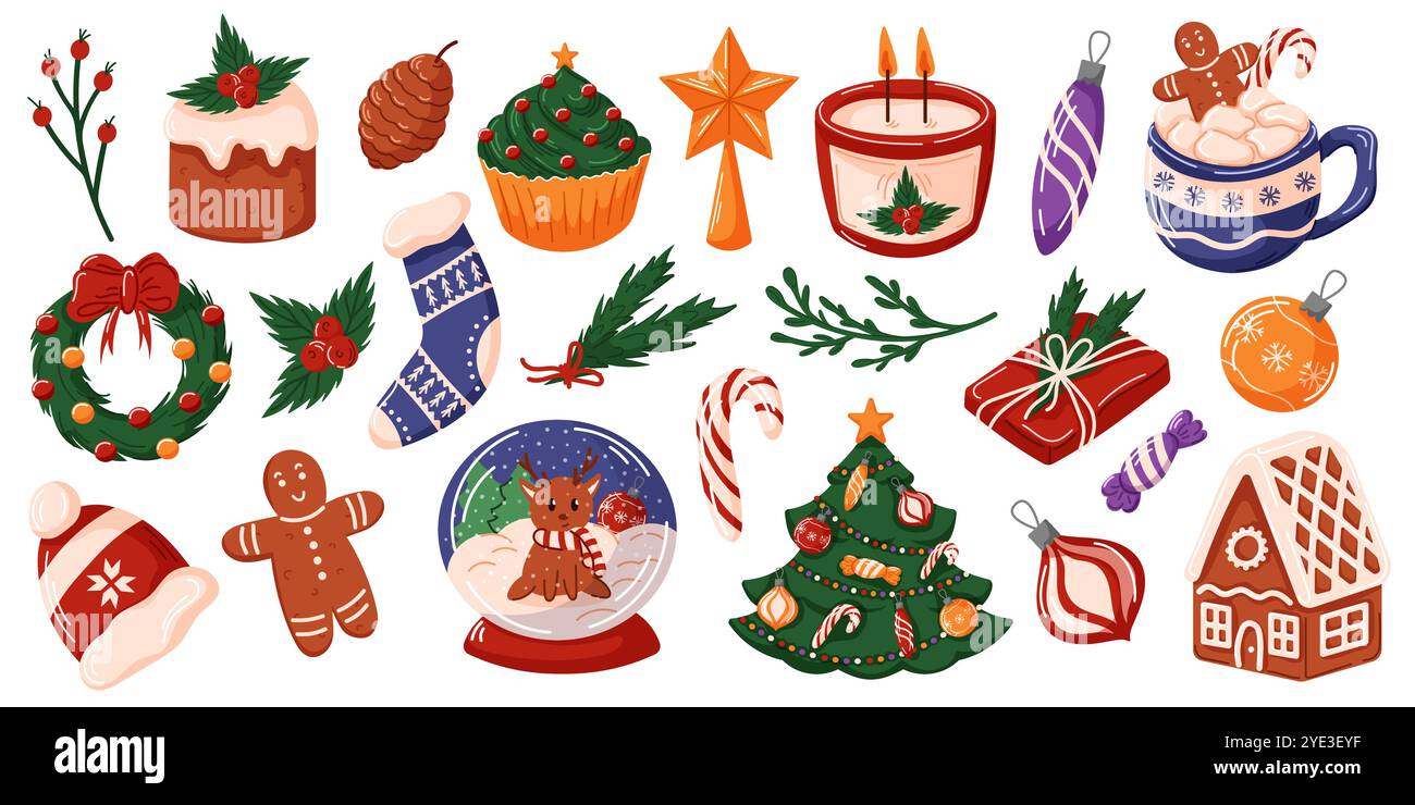 Festliches Weihnachtsset mit Weihnachtselementen wie Lebkuchenmann, Haus, Baum, Ornament, Kerze, Kränze und Geschenk. Ideal für Urlaubsthemen Stock Vektor