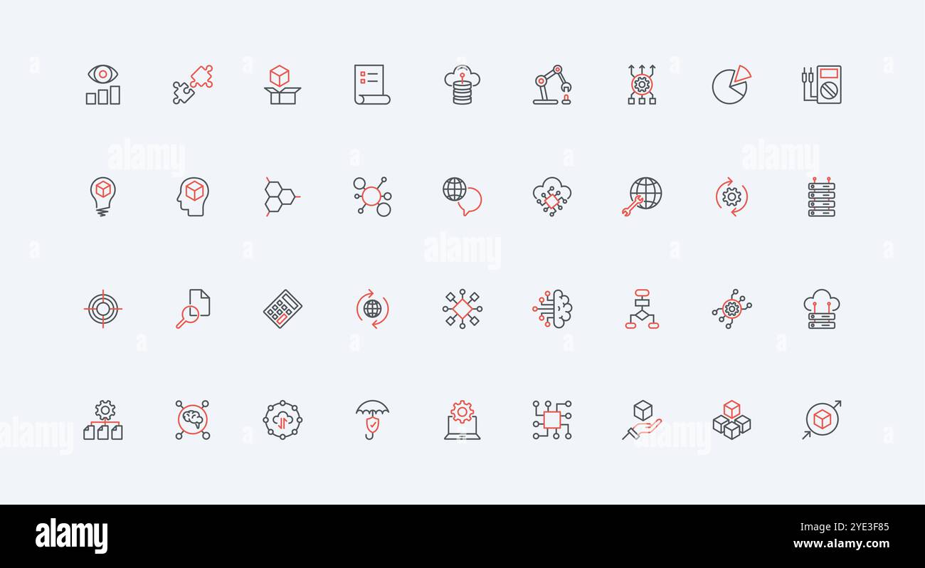 Big Data, maschinelles Lernen, Algorithmus- und Strukturvisualisierung mit KI-Liniensymbolen. Automatische Prozesse von Servern, intelligente Lösung und Modell dünne schwarze und rote Umrisssymbole Vektorillustration Stock Vektor