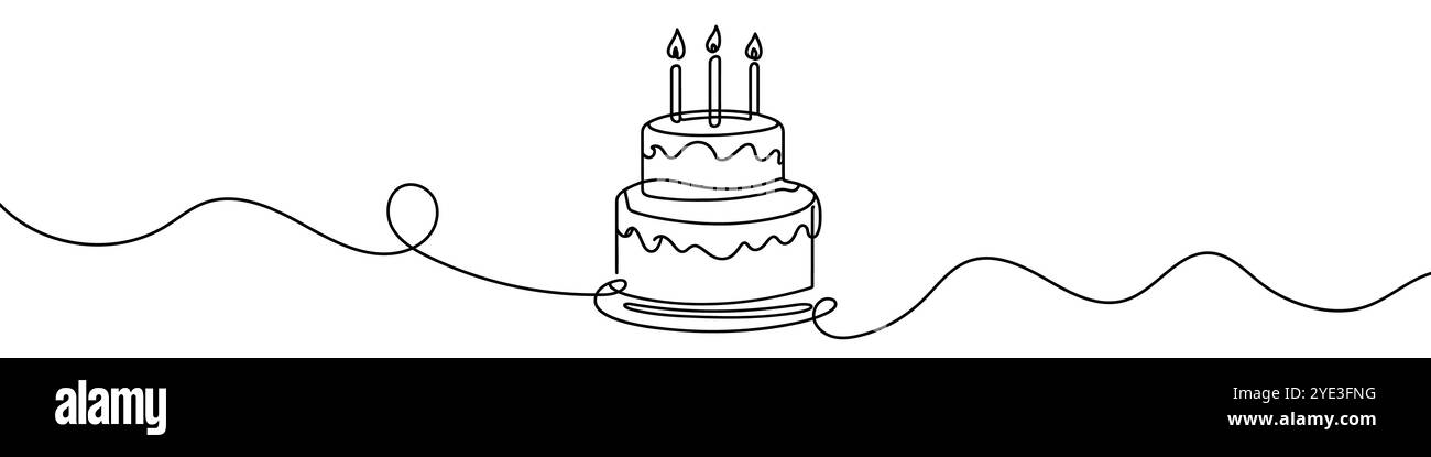 Minimalistische Illustration, die einen Kuchen mit Kerze und festliche Dekoration mit einer durchgehenden Linie darstellt Stock Vektor