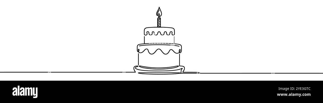 Minimalistische Illustration, die einen Kuchen mit Kerze und festliche Dekoration mit einer durchgehenden Linie darstellt Stock Vektor