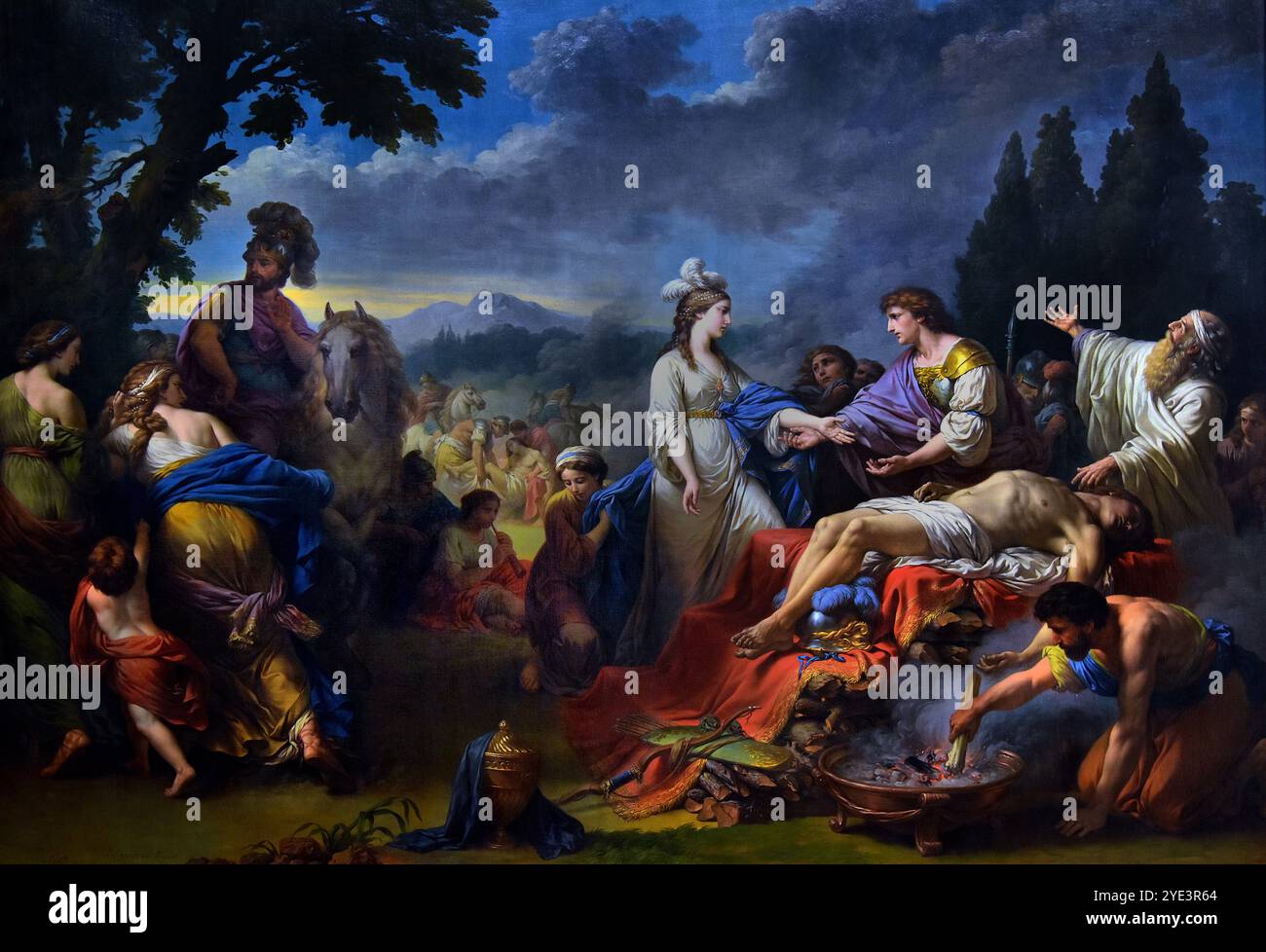 Die beiden Witwen eines indischen Häuptlings streiten die Ehren des Anteils (1783) Louis-Jean-Francois Lagrenée (1724–1805) Museum der Schönen Künste von Dijon Frankreich (Lagrenée's Karriere blühte in Paris auf, indem er zahlreiche Aufträge für herausragende Chefs und Mitglieder einer blühenden neuen Finanzgemeinschaft abschloss und regelmäßig Beiträge zu Pariser Salonausstellungen einreichte. Sein Ruf erregte die Aufmerksamkeit von Elisabeth Petrowna, Kaiserin von Russland, die ihn 1760 in das Amt des Direktors der Akademie in St. Petersburg und des ihres Hauptmalers ernannte. Stockfoto