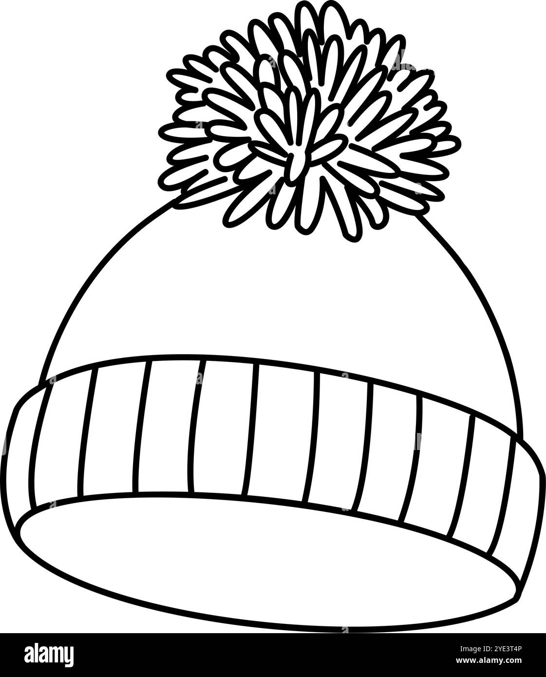 Warme Wintermütze im Pompon-Doodle-Stil. Gemütliche warme Kleidung. Handgezeichnete isolierte Schwarzweiß-Vektor-Illustration Stock Vektor