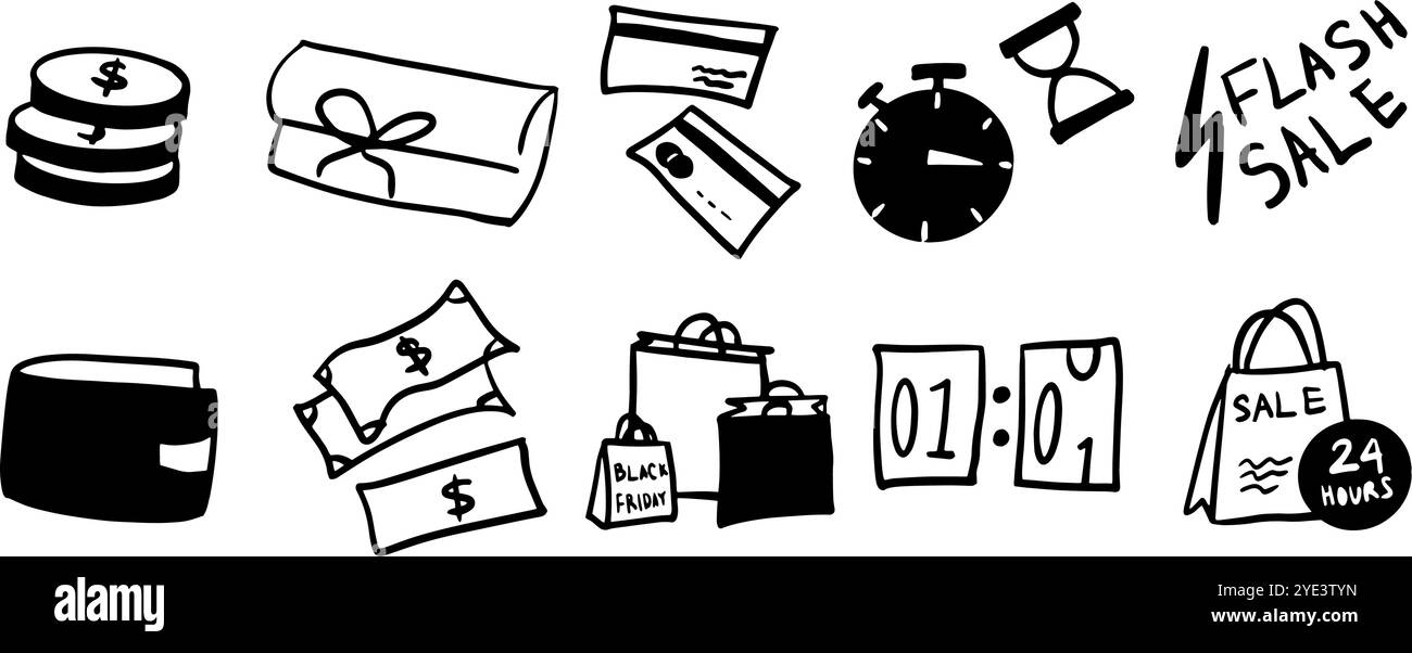 Black Friday Set Illustration | minimalistischer Doodle-Vektor für Shopping- und Verkaufsdesigns | ideal für digitale und gedruckte Anwendungen Stock Vektor