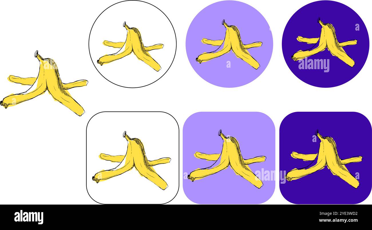 Bananenschalen Vektor-Illustration Logo in Grafik. Isoliert auf farbigem Hintergrund in kreisförmiger und quadratischer Schablone. Gartendünger, Natur und BI Stock Vektor
