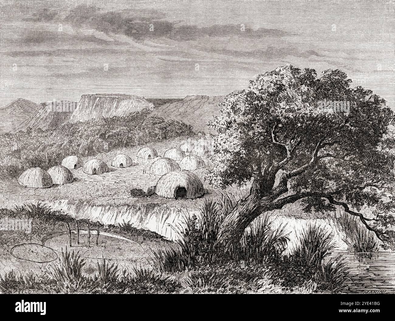 Kiowa oder Cáuigú Dorf, das während der Expedition von Balduin Möllhausen nach Amerika, 1853–1854, gesehen wurde. Aus Le Tour du Monde, veröffentlicht Paris, 1860. Stockfoto