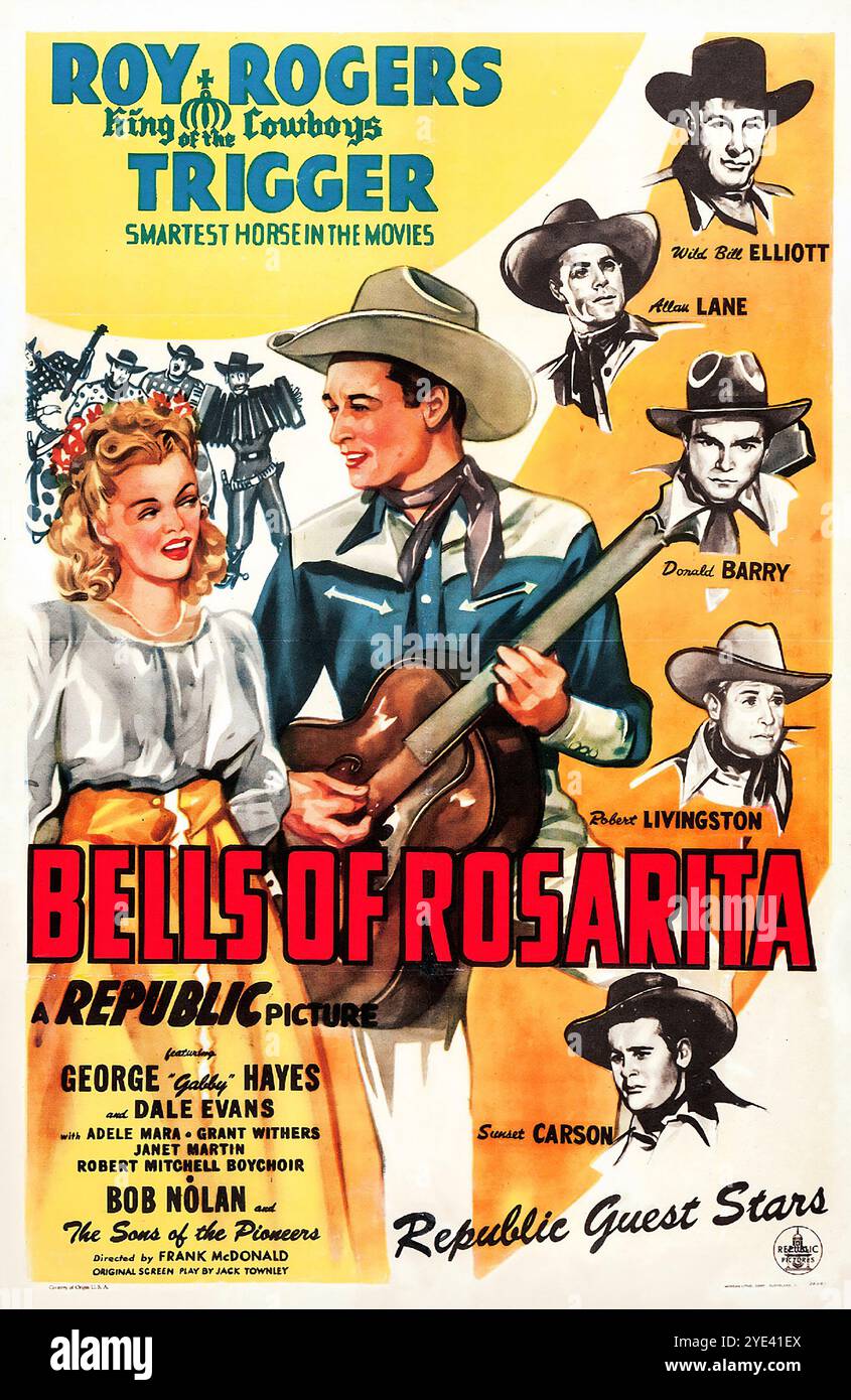 Glocken von Rosarita - Vintage-Filmplakat 1945 - westliche Filmleistung Roy Rogers, König der Cowboys und das berühmte Pferd Trigger (Republik) Stockfoto