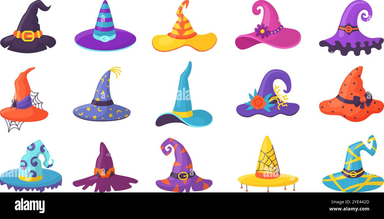 Cartoon halloween Hexenhüte. Isolierter Zauberhut, magische Welt Kopf Accessoires mit Dekorkürbissen und Spinnen. Der neoterische Vektor des Herbstfestes Stock Vektor