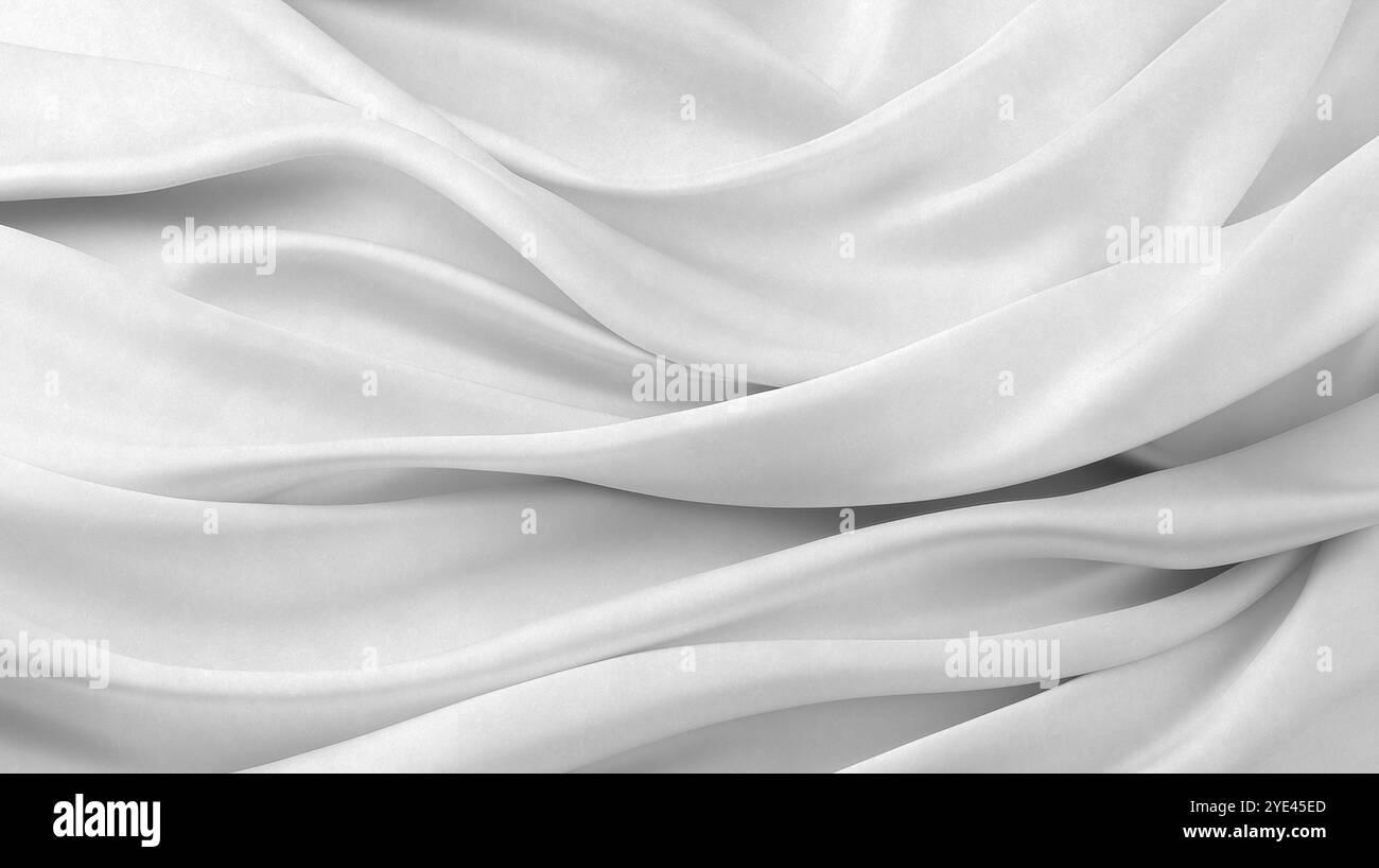 chiffon, durchscheinendes Material. Draufsicht. Falten aus leichtem Material. Hochzeit Hintergrund. Weißer luxuriöser Hintergrund, der Stoff liegt in weichen Wellen. Stockfoto