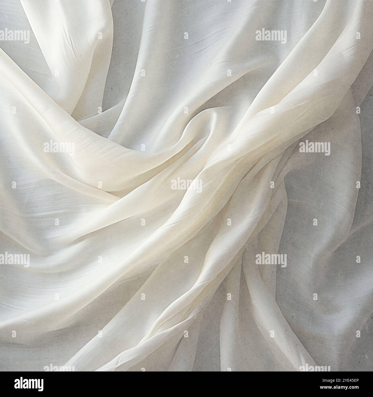 chiffon, durchscheinendes Material. Draufsicht. Falten aus leichtem Material. Hochzeit Hintergrund. Weißer luxuriöser Hintergrund, der Stoff liegt in weichen Wellen. Stockfoto