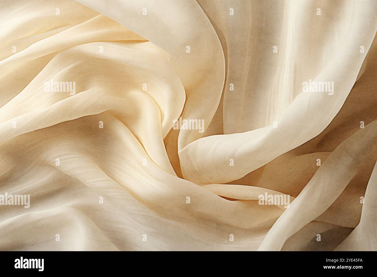chiffon, durchscheinendes Material. Draufsicht. Falten aus leichtem Material. Hochzeit Hintergrund. Weißer luxuriöser Hintergrund, der Stoff liegt in weichen Wellen. Stockfoto