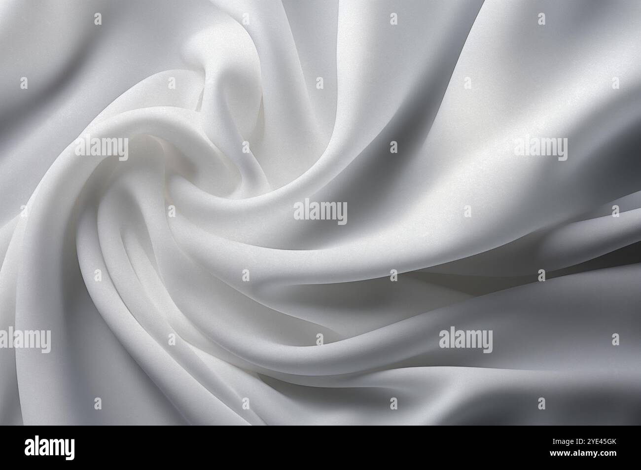 chiffon, durchscheinendes Material. Draufsicht. Falten aus leichtem Material. Hochzeit Hintergrund. Weißer luxuriöser Hintergrund, der Stoff liegt in weichen Wellen. Stockfoto
