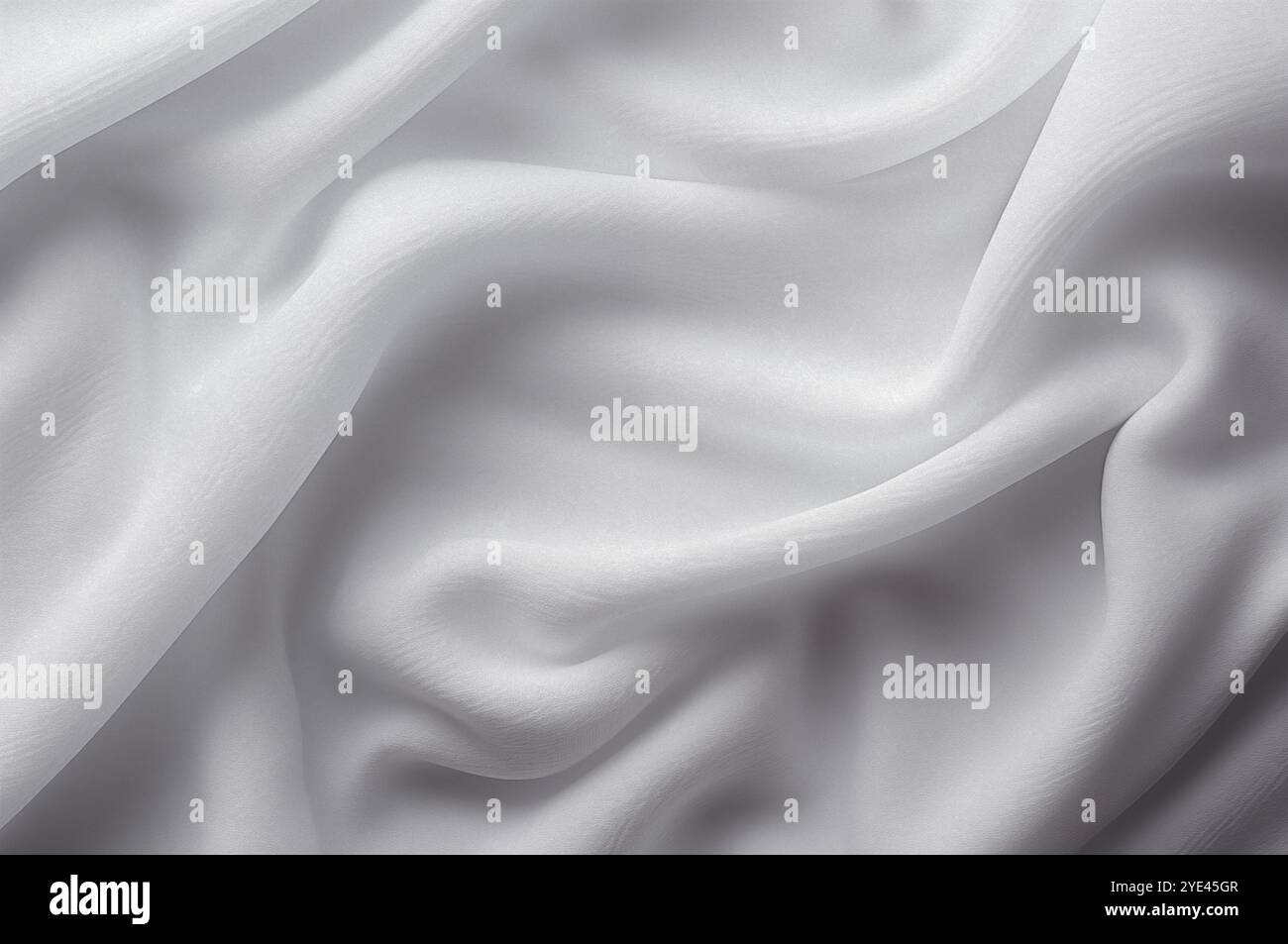 chiffon, durchscheinendes Material. Draufsicht. Falten aus leichtem Material. Hochzeit Hintergrund. Weißer luxuriöser Hintergrund, der Stoff liegt in weichen Wellen. Stockfoto