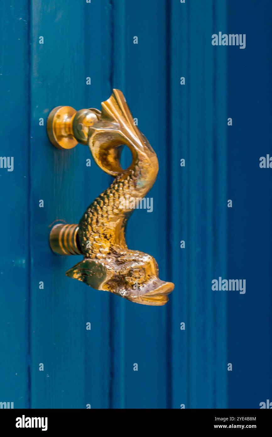 Elegantes Golden Fish Door Klopfen an der lebendigen blauen Tür Stockfoto