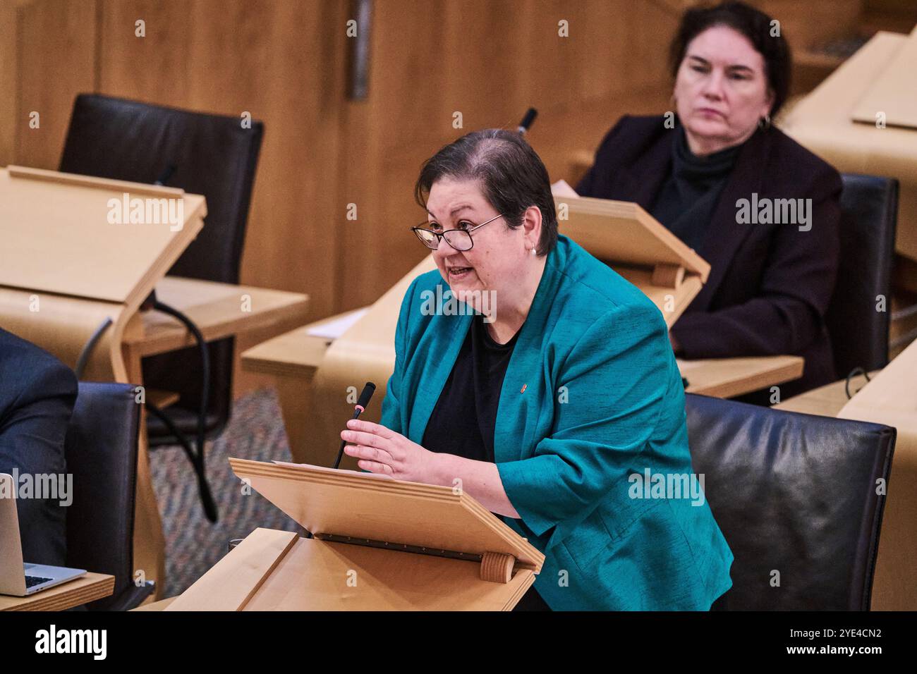 Edinburgh Schottland, Vereinigtes Königreich 29. Oktober 2024. Jackie Baillie vor dem schottischen Parlament für eine Ministererklärung über Rechtsberatung im Zusammenhang mit der Entscheidung des schottischen Informationskommissars. Credit sst/alamy Live News Stockfoto