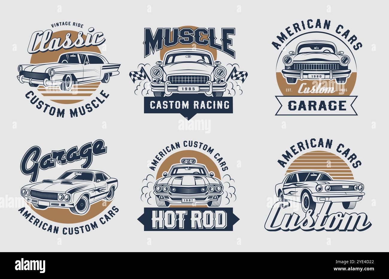 Personalisierte Fahrzeuge. Embleme mit Muscle Cars zur Anpassung von Servicemechanikern neueste Vektor-Stillogos Set Stock Vektor