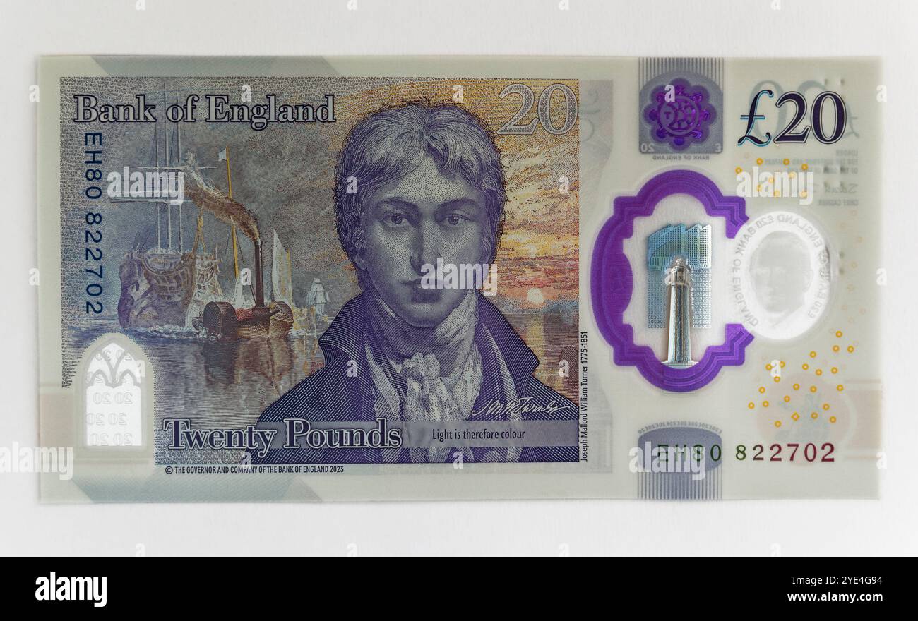 Britische Polymer-Banknote von 20 Pfund mit dem Künstler William Turner. Stockfoto