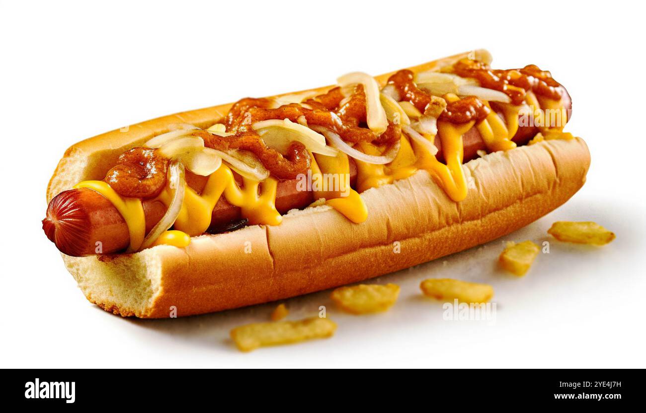 Hot Dog mit Zwiebeln und Saucen auf weißem Hintergrund. Traditionelles amerikanisches Essen. Stockfoto