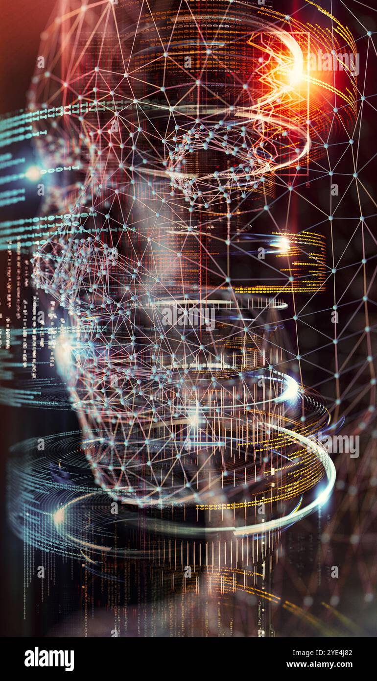 Cyborg und Netz für biometrisches Konzept. Big Data und maschinelles Lernen modernes Design.3d Illustration.Technologie und künstliche Intelligenz Hintergrund c Stockfoto