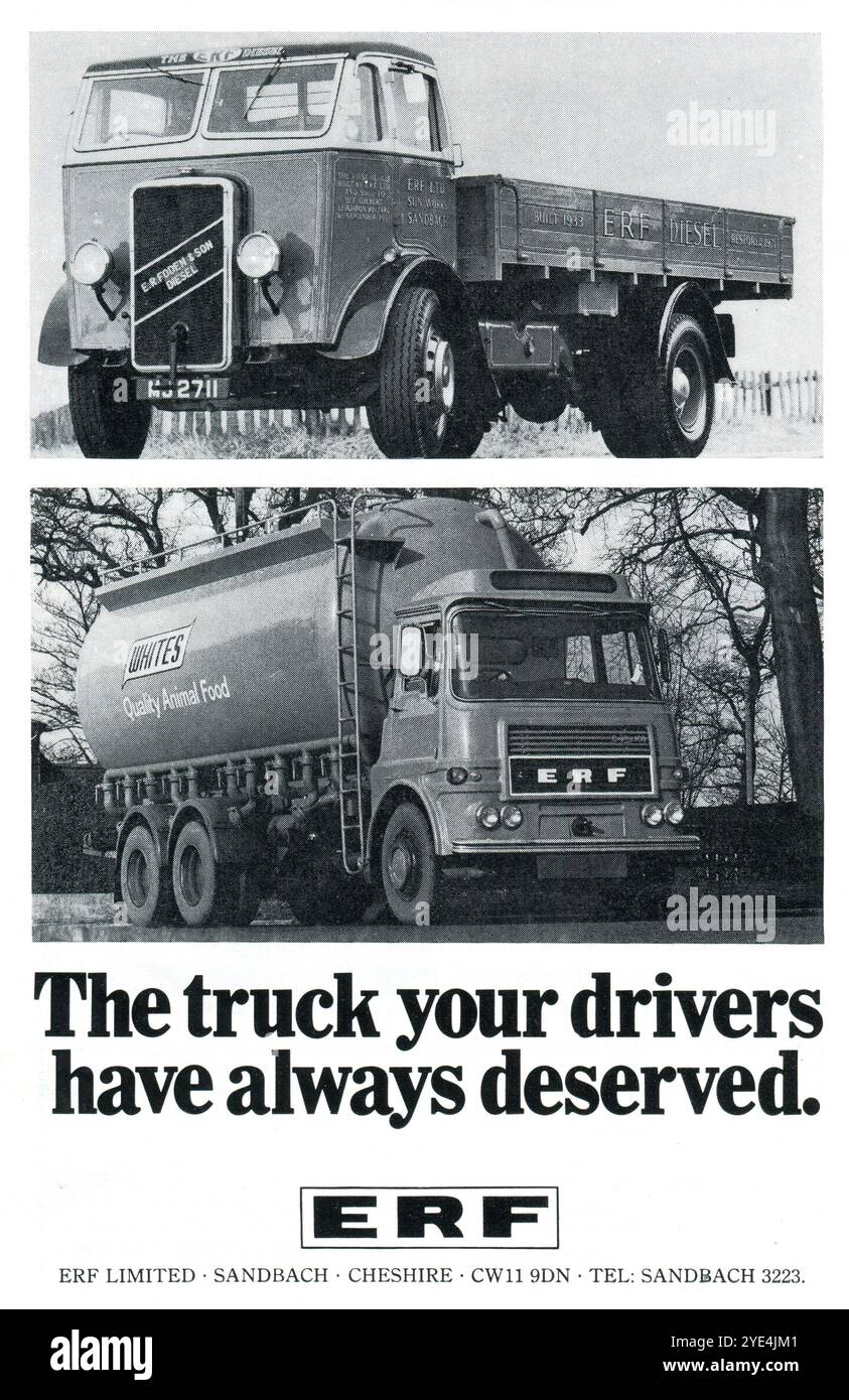 Eine Werbung für den britischen Nutzfahrzeughersteller ERF Limited aus dem Jahr 1973 mit dem Slogan „der Lkw, den Ihre Fahrer immer verdient haben“. Die Anzeige zeigt einen ERF Tieflader der späten 1930er und einen ERF A Series Tankwagen. Stockfoto