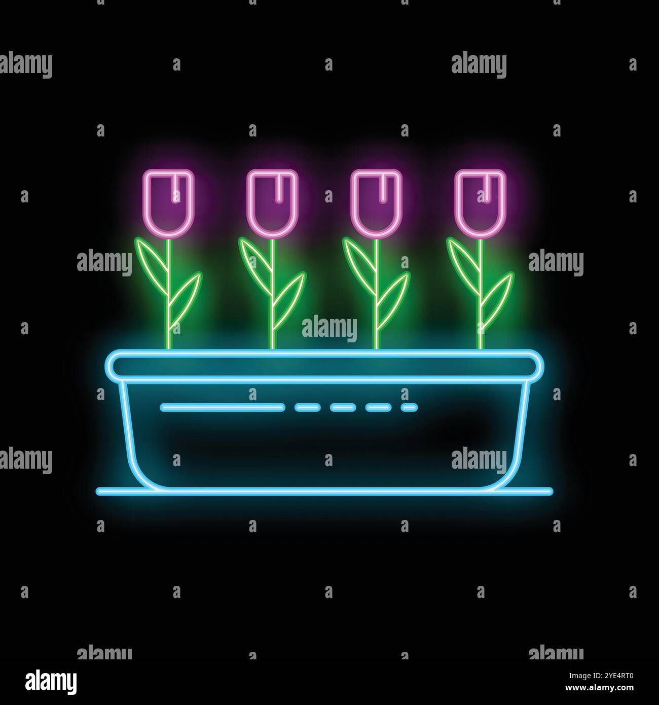 Helles Neonschild mit vier Tulpen, die in einem Blumentopf auf schwarzem Hintergrund wachsen Stock Vektor
