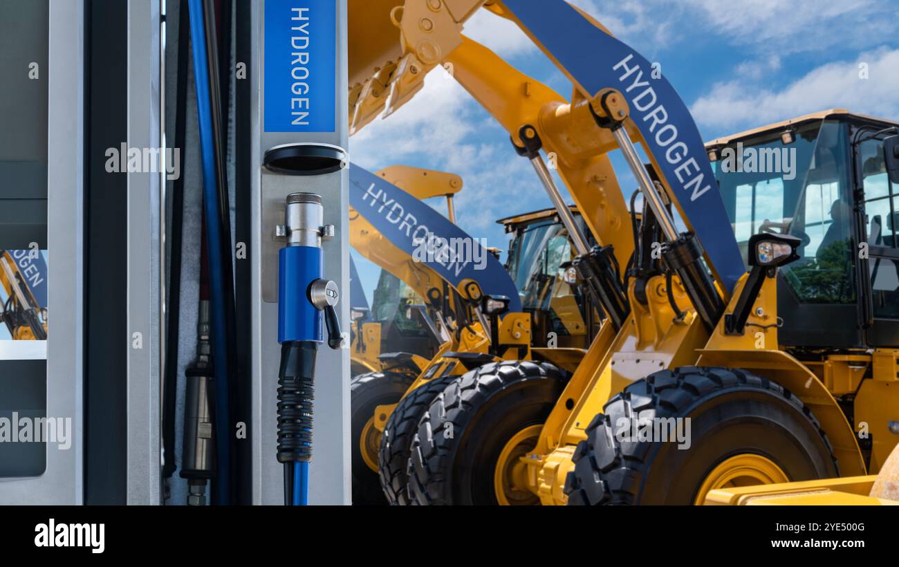 Wasserstoffdüse vor dem Hintergrund von Brennstoffzellenbaumaschinen. Konzept... Stockfoto