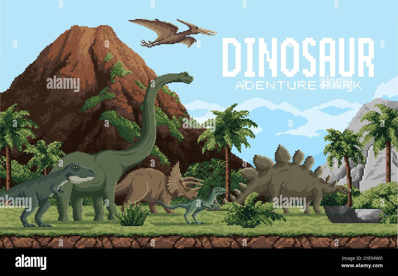 8-Bit-Kunst-Abenteuerpark für prähistorische Dinosaurier. Vektor nostalgische Retro-Videospielszene mit Dino-Arten in einer Naturlandschaft mit Bergen, Bäumen und bewölktem Himmel. Spielhintergrund für Arcade Stock Vektor