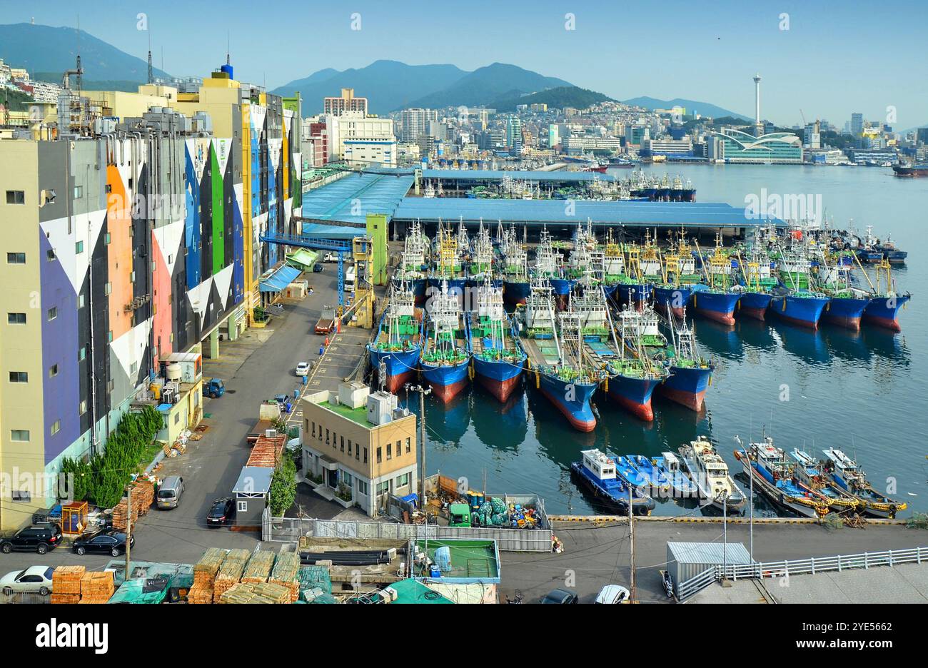 Fischerboote im Hafen von Busan, dem größten Hafen Südkoreas, dessen Lage als Busan Harbor bekannt ist. Stockfoto