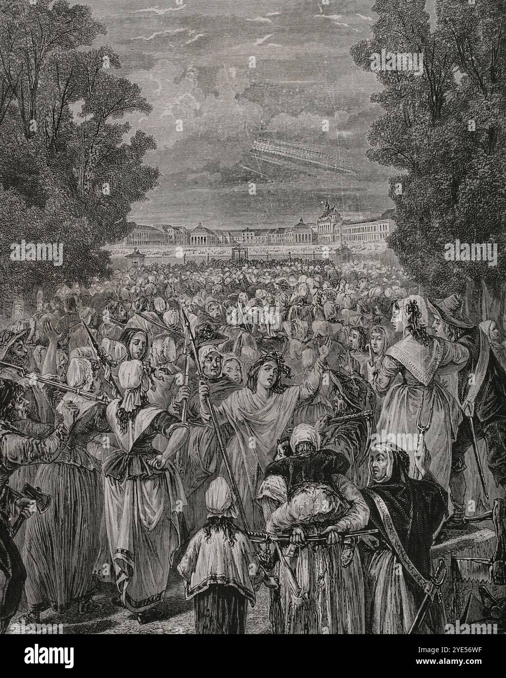 Französische Revolution. Der Frauenmarsch auf Versailles, auch Oktober März (5-6. Oktober 1789) genannt. Die Ereignisse begannen am 5. Oktober 1789 unter Frauen auf den Pariser Marktplätzen, die gegen hohe Preise, hohe Brotpreise und Forderungen nach Sozialreformen protestierten. Die Demonstranten schlossen sich den Revolutionären an, die liberale politische Reformen und eine konstitutionelle Monarchie für Frankreich forderten. Anschließend durchwühlte eine Menge von Tausenden Pariser Bürgern, ermutigt von revolutionären Agitatoren, die Stadtwaffenanlage und marschierte auf das Schloss von Versailles und belagerte es. Am nächsten Tag, die Demonstration Stockfoto