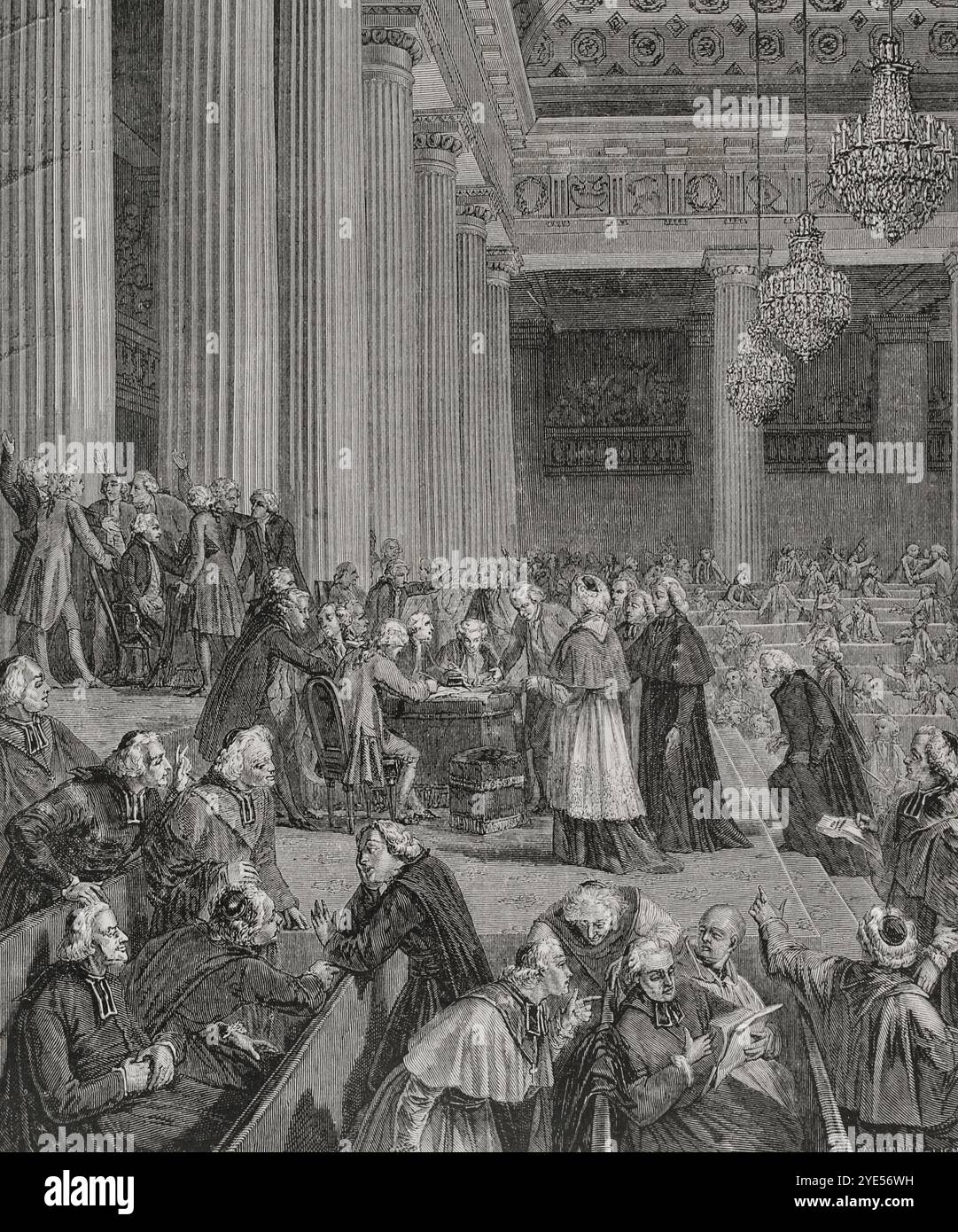Französische Revolution. Nacht vom 4. August 1789. Sitzung der konstituierenden Versammlung, in der das Feudalsystem in Frankreich abgeschafft wurde, wodurch die Rechte und Privilegien des Adels und des Klerus endgültig abgeschafft wurden. Sie fand im Saal des Hôtel des Menus-Plaisirs in Versailles statt. Verzicht auf Berechtigungen. Zeichnung von Hippolyte de la Charlerie. Stich von Pannemaker. "Geschichte der Französischen Revolution". Band I, 1876. Verfasser: Hippolyte de la Charlerie (1827-1869). Belgischer Künstler. Stockfoto