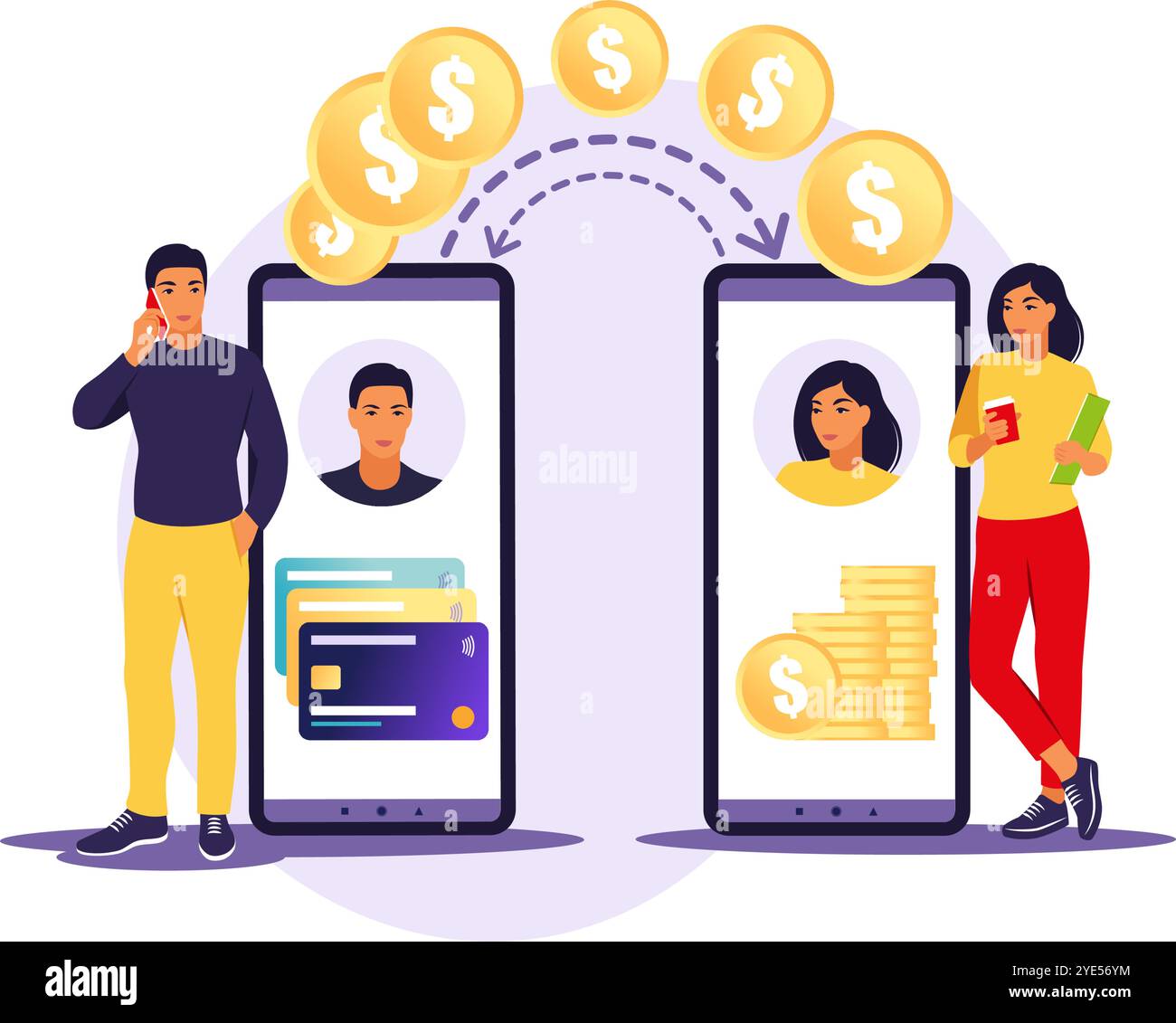 Online-, Transaktions-, Banking-, Finanz- und Digitaltechnologiekonzept. Mann, der Geld per Smartphone übergibt. Vektorgrafik. Flach. Stock Vektor
