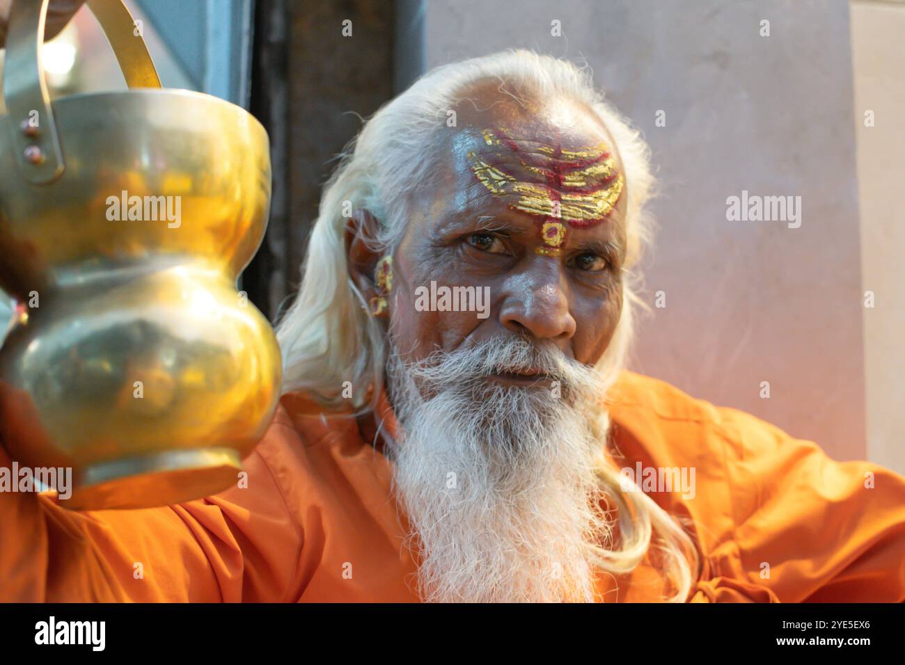 Asketischer Mönch Sadhu in Indien mit Bart, weißem Haar und gemaltem Gesicht predigt vor der Kamera Stockfoto