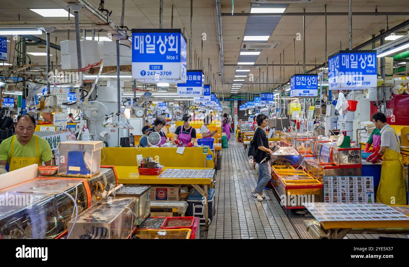 Fischstände und Restaurant im Jagalchi Fish Market, Busan, Südkorea Stockfoto