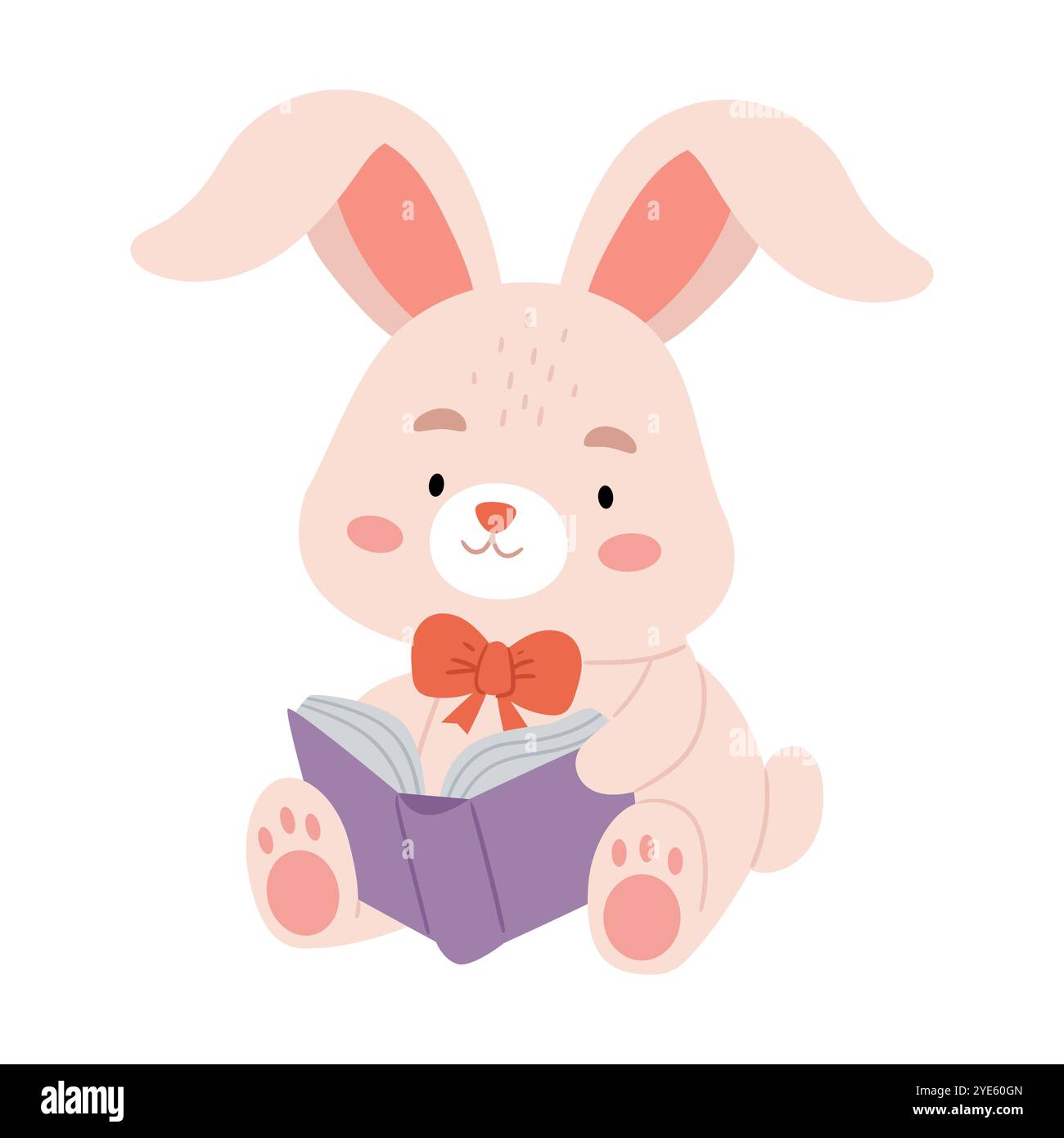 Ein süßer Plüschkaninchen mit einer Schleife hält ein Buch in seinen Pfoten. Ich liebe es zu lesen. Lustiger Hase mit Buch. Stock Vektor