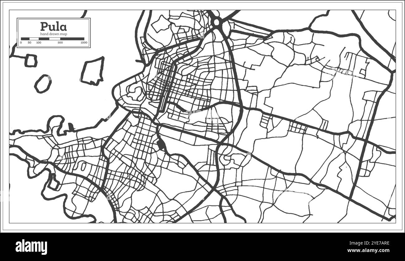 Pula Kroatien Stadtplan in Schwarz-Weiß-Farbe im Retro-Stil. Übersichtskarte. Vektorgrafik. Stock Vektor