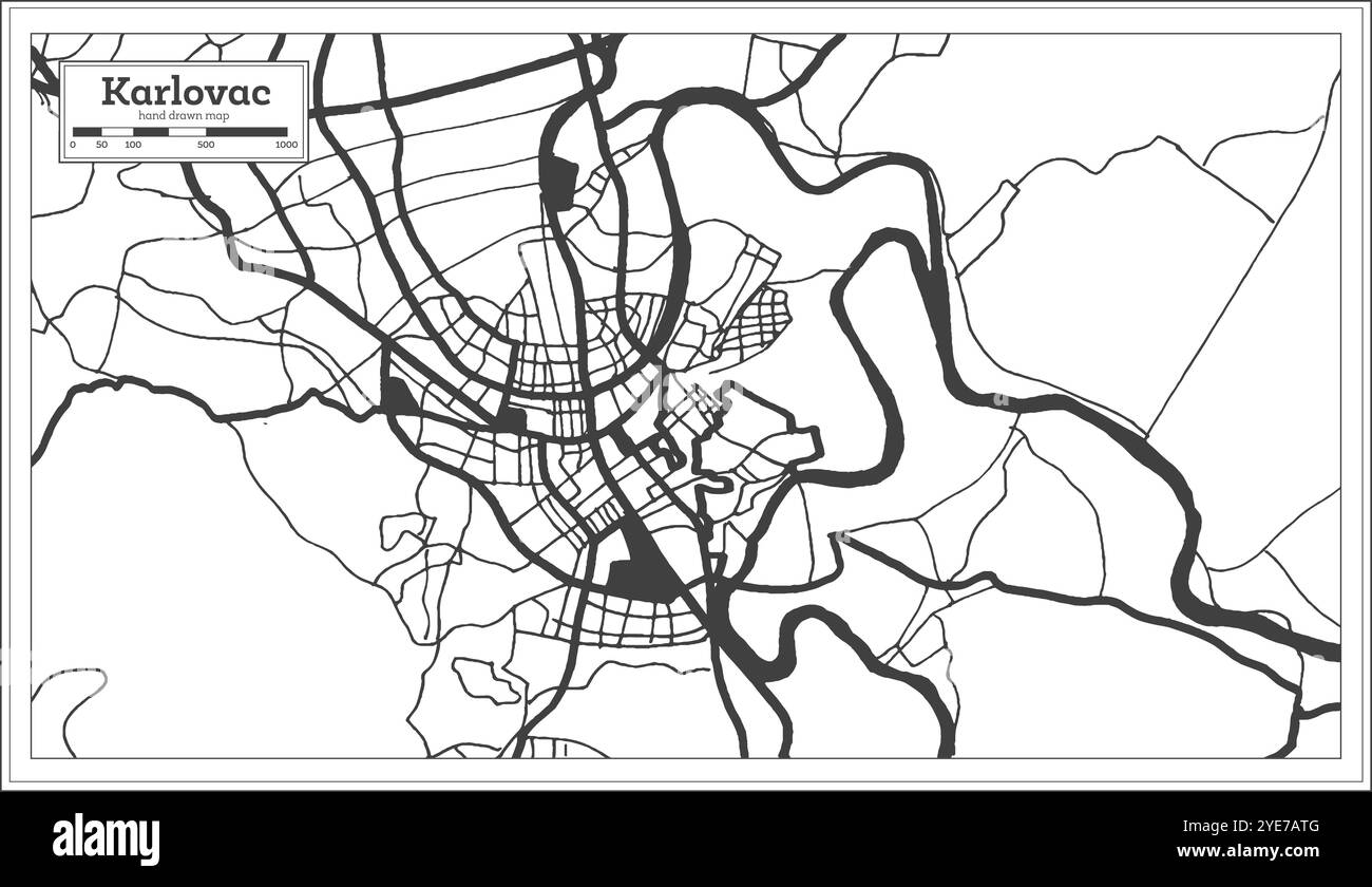Karlovac Kroatien Stadtplan in Schwarz-Weiß-Farbe im Retro-Stil. Übersichtskarte. Vektorgrafik. Stock Vektor