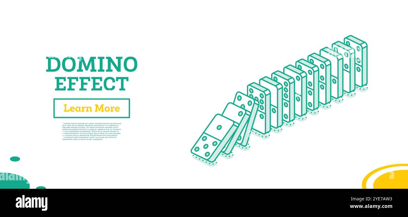 Domino-Effekt. Isometrische Umrissobjekte. Fallende Reihe von Dominosteinen. Vektorabbildung. Stock Vektor